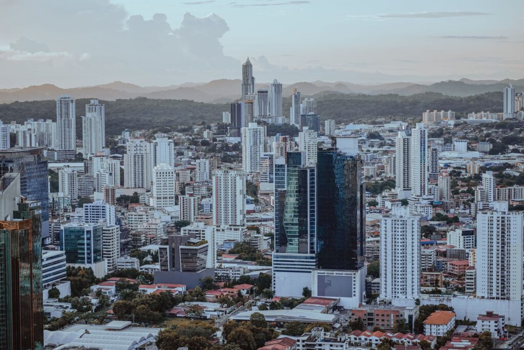 Aerial view of Panama City skyline and urban architecture