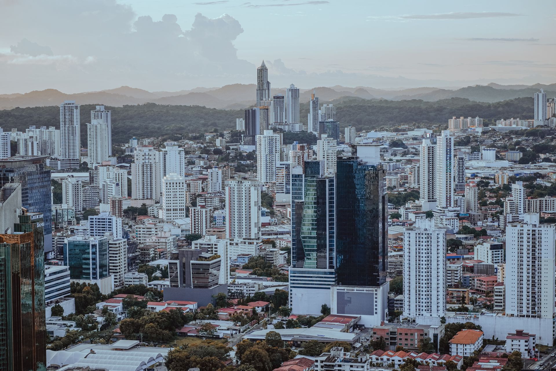 Aerial view of Panama City skyline and urban architecture