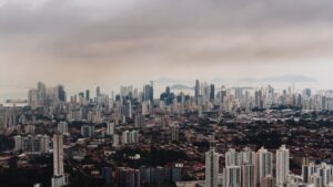 Aerial daytime view of Panama City business district and coastline