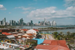 Casco Viejo rooftops with the Panama City skyline